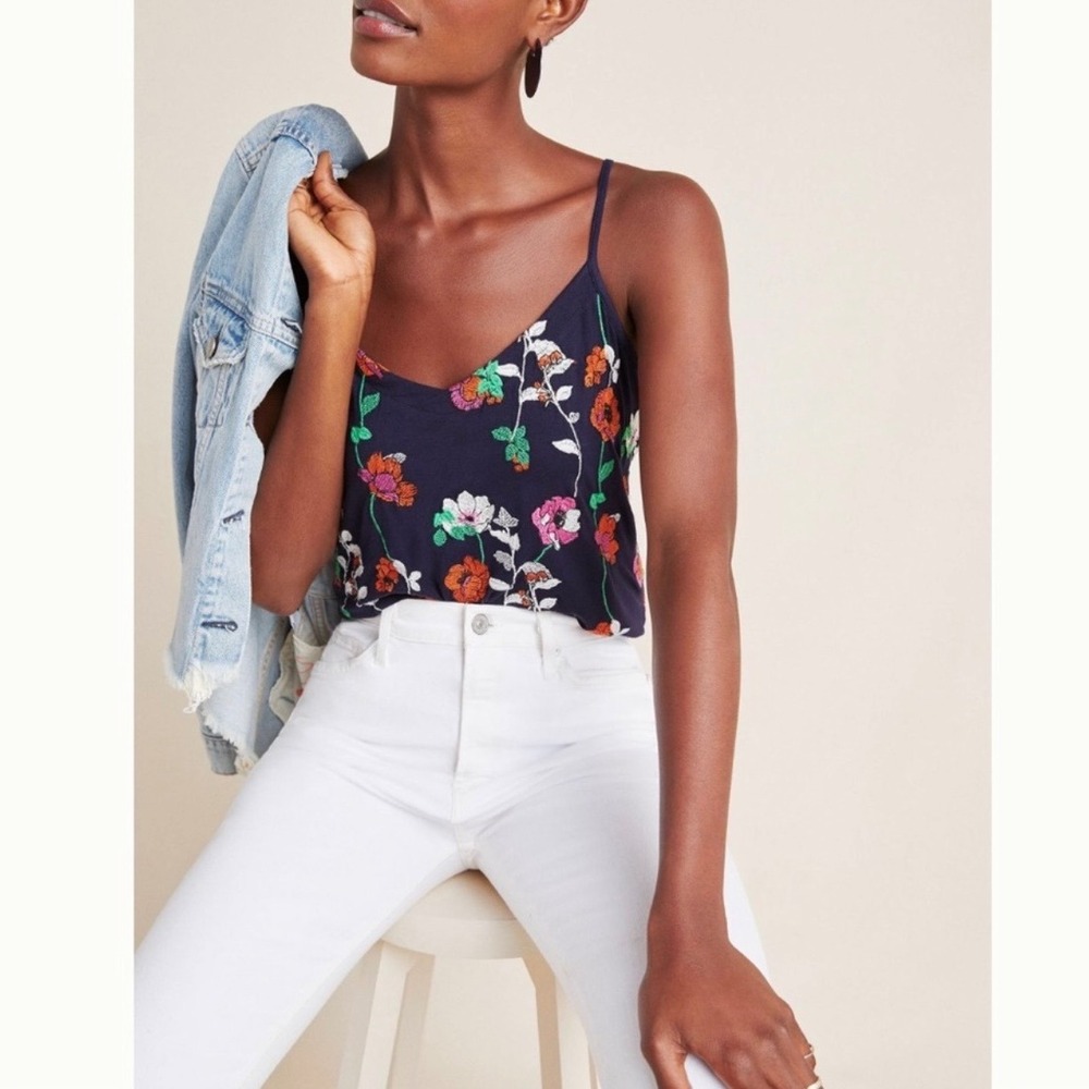 Anthropologie Kellen Navy Blue Embroidered Floral Tank Top Size Large